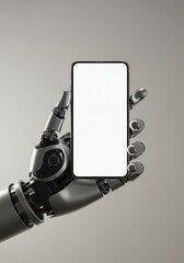 3D render of a metallic silver robotic hand holding a black smartphone with a blank white screen, for app or website mockup