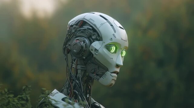 portrait featuring glowing green eyes and exposed mechanics against blurred nature background