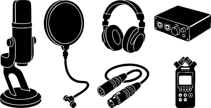 Minimalist Audio Production & Recording Gear Vector Silhouette Icons - Studio Equipment Set