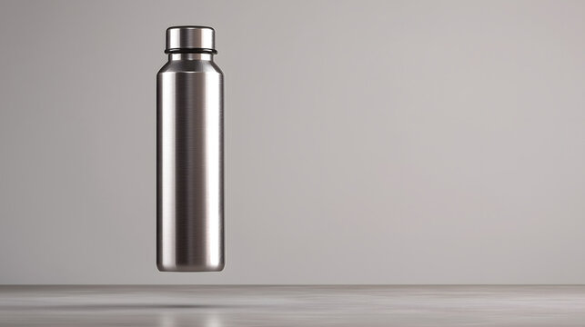 A sleek silver water bottle floating in mid-air on a clean surface