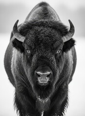 Monochromatic American bison or buffalo portrait, black and white photograph with textured fur and small horns, isolated on white background