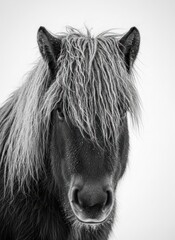 Black and white illustration of a shaggy Icelandic horse head with long mane covering eyes, vector art for logo or branding