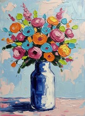 Palette knife oil painting of a vibrant floral bouquet in a blue and white vase, with thick impasto texture and a light blue sky background, for wall art or greeting card