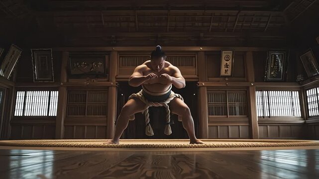 Sumo wrestler in traditional dohyo arena.