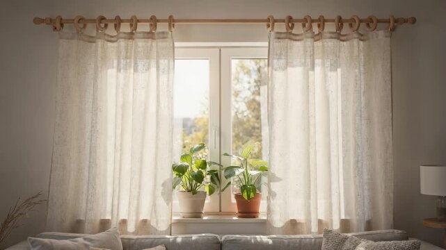 Medium shot capturing biodegradable linen curtains hung using smooth wooden rings emphasizing compostable components and environmentally conscious window treatments.