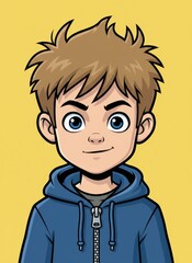 Cartoon vector illustration of a young boy with spiky brown hair and blue eyes wearing a zipped blue hoodie, isolated on a solid yellow background