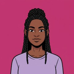 Vector illustration of a young Black woman with dark braided hair in a half-up bun, wearing a light lavender t-shirt, on a solid fuchsia background, for avatar or profile picture