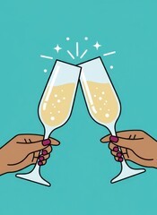 Two hands clinking champagne flutes with golden sparkling wine, vector illustration on teal background, for celebration or party invitation