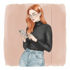 Watercolor illustration of a red-haired woman with round glasses wearing a black turtleneck and light blue jeans, looking at a silver smartphone, for social media or website banner