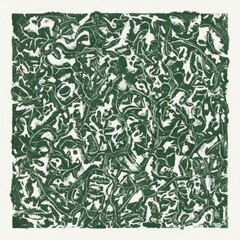 Abstract dark green linocut print texture or organic pattern on off-white paper, square format