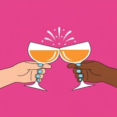 Vector illustration of two diverse hands clinking champagne glasses with orange liquid and white sparkle effect on a hot pink background, for banner or social media