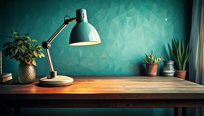 エメラルドグリーンの壁面の書斎で、デスクの上をやさしく照らすテーブルランプが集中の時間を演出する情景の水彩ポリゴン