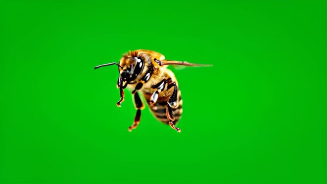 Honey bee flying close up on green screen chroma key for compositing and visual effects stock video