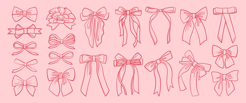 Bow and ribbon illustration set whimsical hand drawn coquette doodle set. Cute girly accessories vintage rococo mood, featuring gift bows, hair ribbons decorative knots. High quality vector drawing