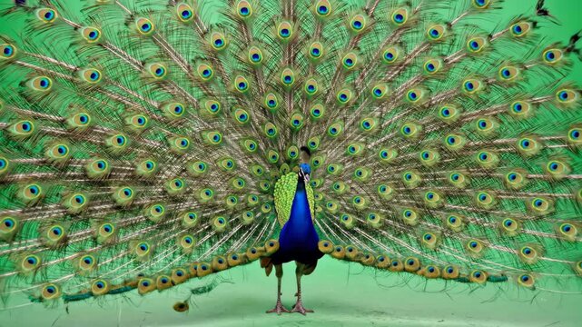 Indian peafowl displaying full plumage on a green backdrop symbolizing beauty and grace in exotic wildlife footage