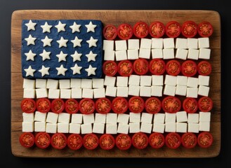 American flag made from cherry tomatoes, white cheese cubes, and blue cheese with star cutouts on a rustic wooden cutting board, top view for patriotic celebration or food blog