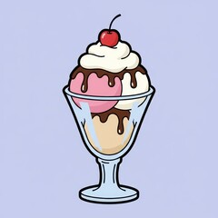 Hand-drawn vector illustration of a classic ice cream sundae with strawberry, vanilla, and chocolate scoops, topped with whipped cream, chocolate syrup, and a red cherry