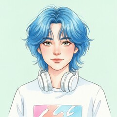 Anime style illustration of a young man with bright blue wavy hair and light green eyes, wearing a white t-shirt and white over-ear headphones around his neck, on a pale mint green background