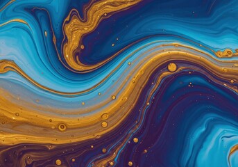 Abstract fluid art illustration with swirling indigo, teal, and metallic gold paint, marbling texture, or liquid flow background for banner, poster, or website