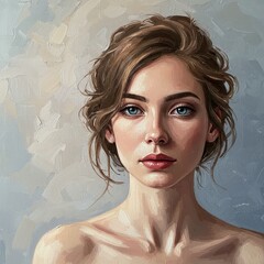 Oil painting illustration of a young woman with blue eyes and brown hair, soft brushstrokes, light blue and beige background texture
