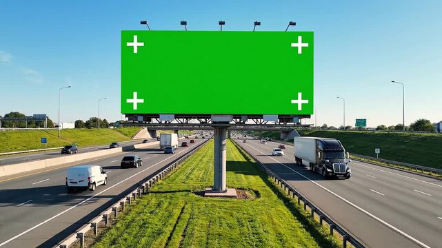 Drone view of a massive roadside green screen billboard placed directly above a busy highway with multiple lanes of moving traffic under a clear blue 