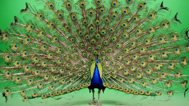 Majestic peacock displaying vibrant feathers on green screen,closeup of intricate eye spots and iridescent plumage against background