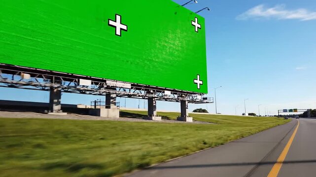 A large, modern roadside billboard displaying a prominent green screen with tracking markers is viewed from a vehicle traveling along a sunny intersta
