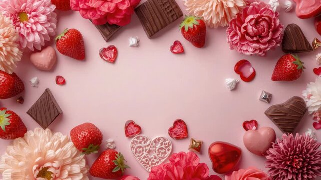 Pink heart chocolates strawberry flower arrangement with chocolate candies red pink floral border