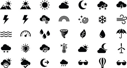 Weather and climate solid icons set featuring forecast symbols storms temperature wind rain and seasonal conditions vector