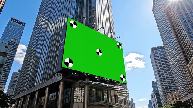 A huge outdoor digital billboard displaying a bright green screen mockup with tracking markers dominates a low-angle view of reflective modern glass s