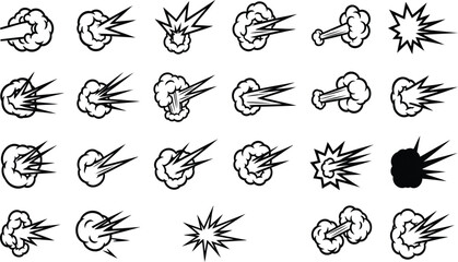 Fototapeta premium Explosion, comic book, cartoon, blast, boom, 25 black and white vector graphics, icons
