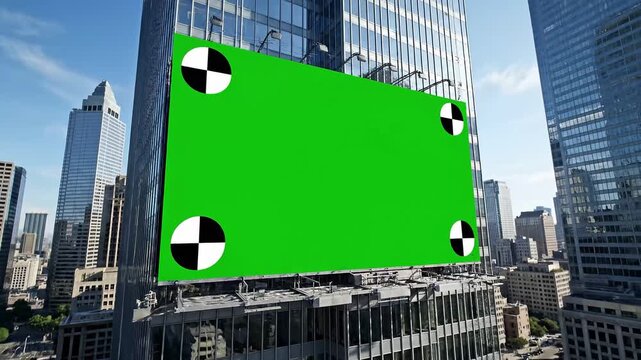 A massive green screen billboard with tracking markers is affixed high upon a modern skyscraper in a bustling downtown commercial district on a clear,