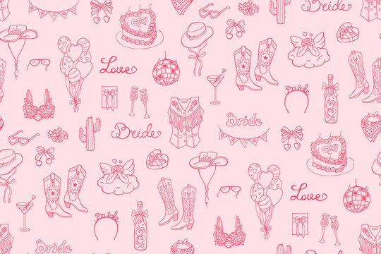 Hand drawn cowgirl and cowboy whimsical seamless pattern sketch coquette doodle style. Vintage whimsical western symbols with bows, boots hat. Cute retro playful Texas charm trendy girly illustration