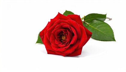 Naklejka premium Red Rose Resting Solo on White Background, Showcasing Petals & Leaves Up Close