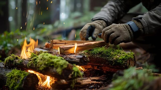 Person building fire in forest.