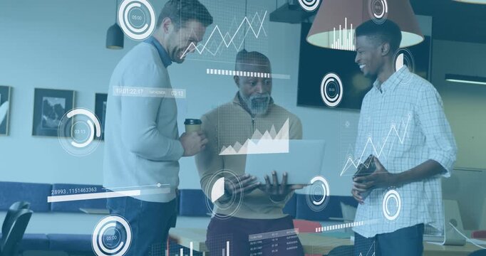 Animation of multiple graphs, loading bars and circles, diverse coworkers sharing ideas in office