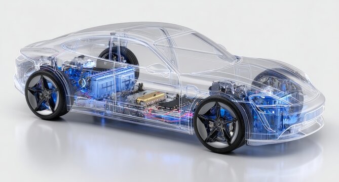 Transparent Car Model Showing Internal Mechanical Components in Modern Design