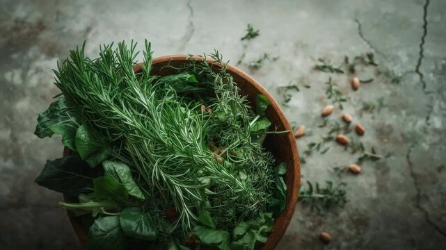 Fresh rosemary herb salad bowl with mixed greens thyme spinach and rustic nuts