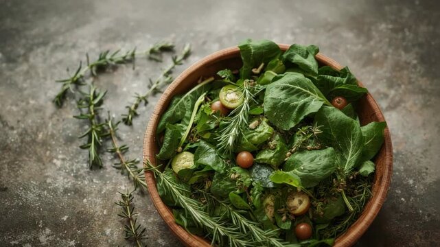 Fresh spinach salad rosemary cherry tomato leafy green bowl with cucumber slices and herbs