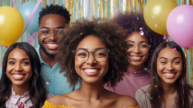 Smiling friends party with confetti and balloon celebration. young diverse friends celebrating