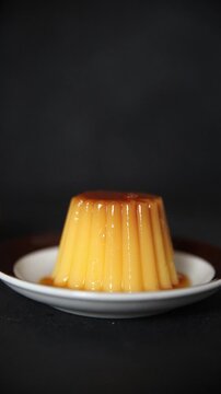 Flan dessert caramel pudding sweet dessert cream tasty snack fresh gourmet food background on the table rustic food top view copy space