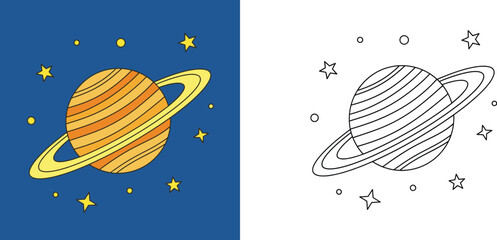 Set of Cartoon Saturn Planet with Rings and Stars in Space, Color and Black and White Line Art for Children Coloring Book Activity, Vector Illustration Isolated on White Background © MMONIR
