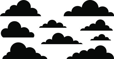 Collection of stylized fluffy black clouds in various sizes isolated on a clean white background for graphic design elements © MDmamun