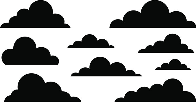 Collection of stylized fluffy black clouds in various sizes isolated on a clean white background for graphic design elements