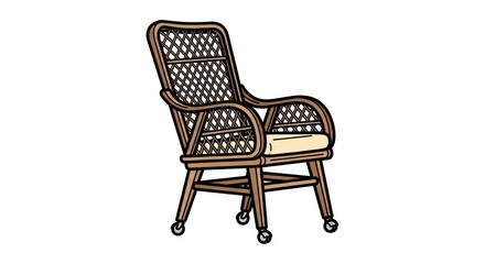 Wicker Armchair with Cushion on Wheels Isolated on White Background