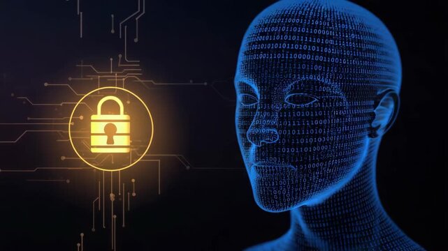 Digital human silhouette and face composed of blue binary code with glowing lock icon and padlock