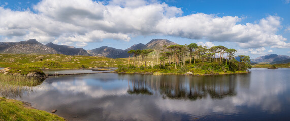 Obraz premium Reflective loch with Pine Island in Connemara, Galway, Ireland. Mirrored water, distant mountains under drifting clouds. Soft sunlight bathes trees and shoreline, peaceful wilderness ideal for travel