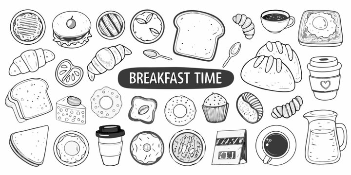 A charming illustration of various breakfast foods and beverages in black and white