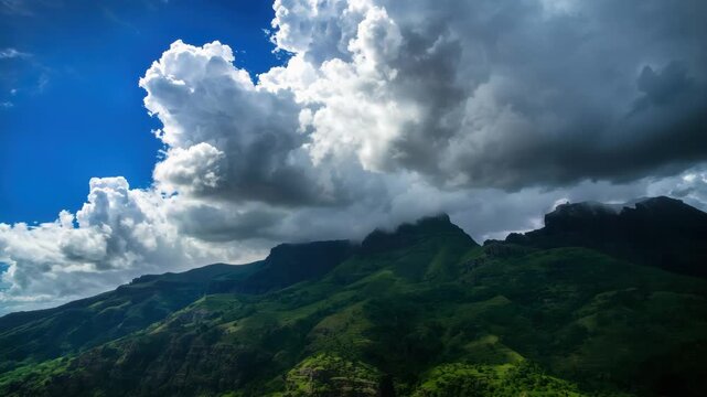 Lush green mountain landscape with storm cloud, sunlit hillside and valley breaking through