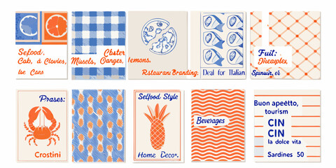Collection of vintage style coastal themed cards with illustrations and text